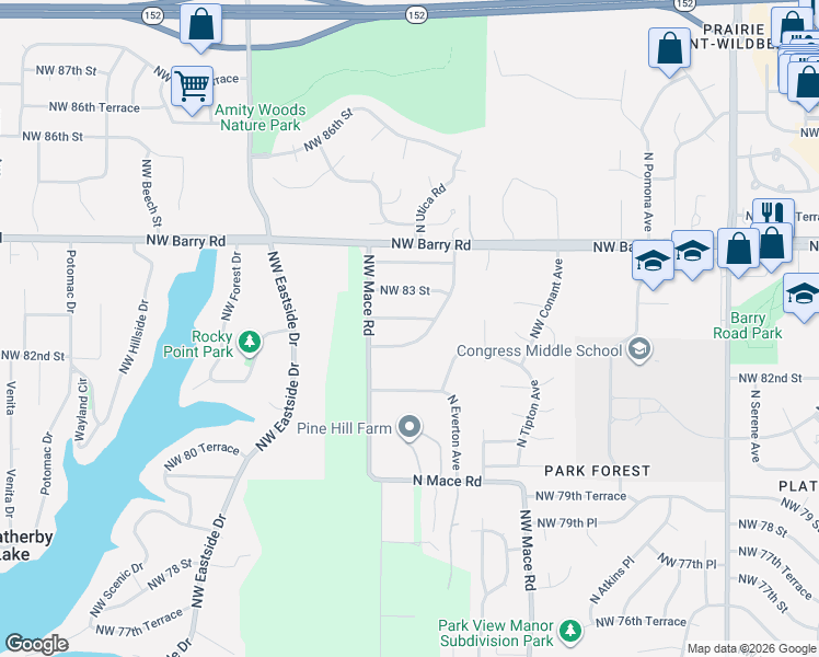 map of restaurants, bars, coffee shops, grocery stores, and more near 8713 Northwest 82 Terrace in Kansas City