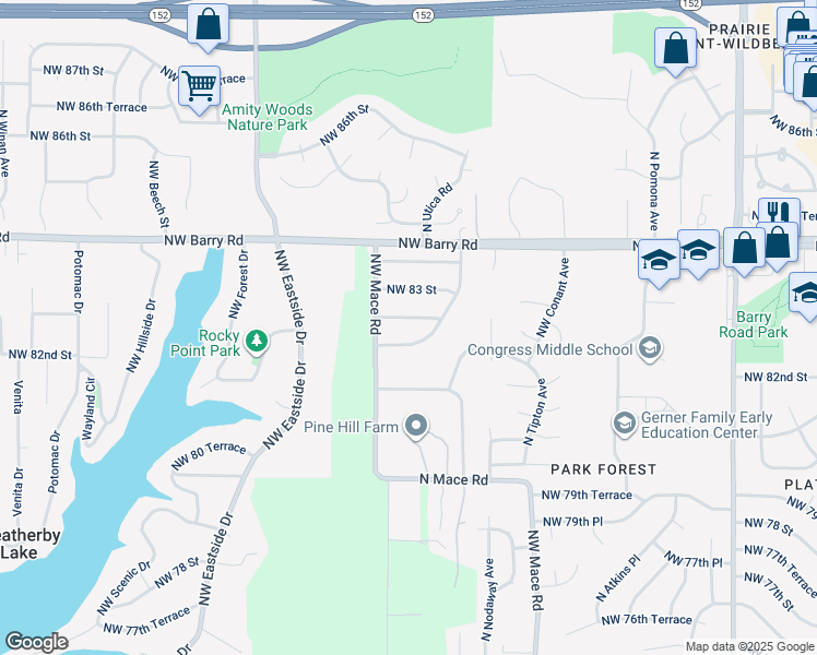 map of restaurants, bars, coffee shops, grocery stores, and more near 8713 Northwest 82 Terrace in Kansas City