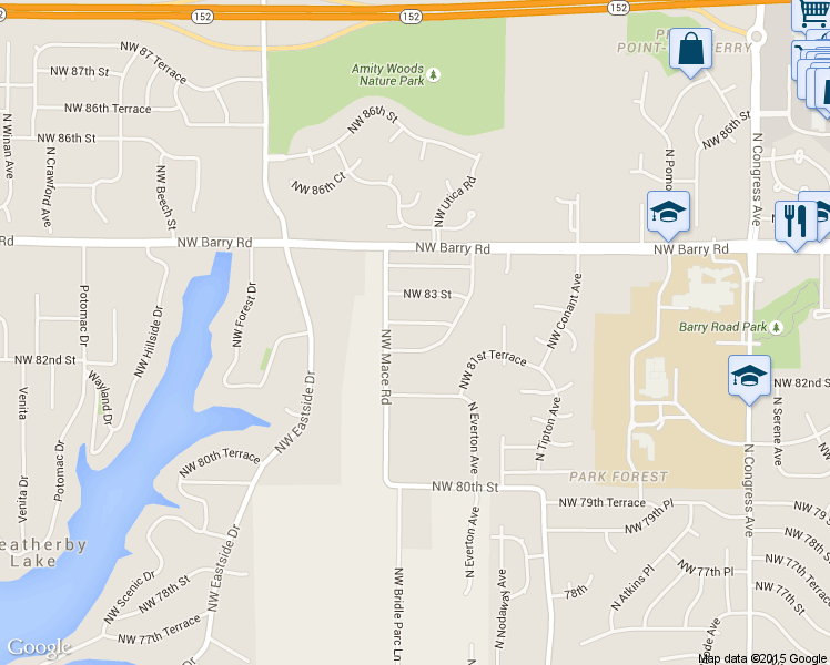 map of restaurants, bars, coffee shops, grocery stores, and more near 8713 Northwest 82 Terrace in Kansas City