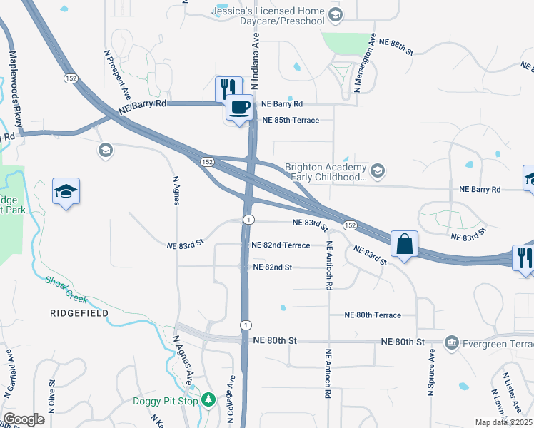 map of restaurants, bars, coffee shops, grocery stores, and more near 3500 Northeast 83rd Street in Kansas City