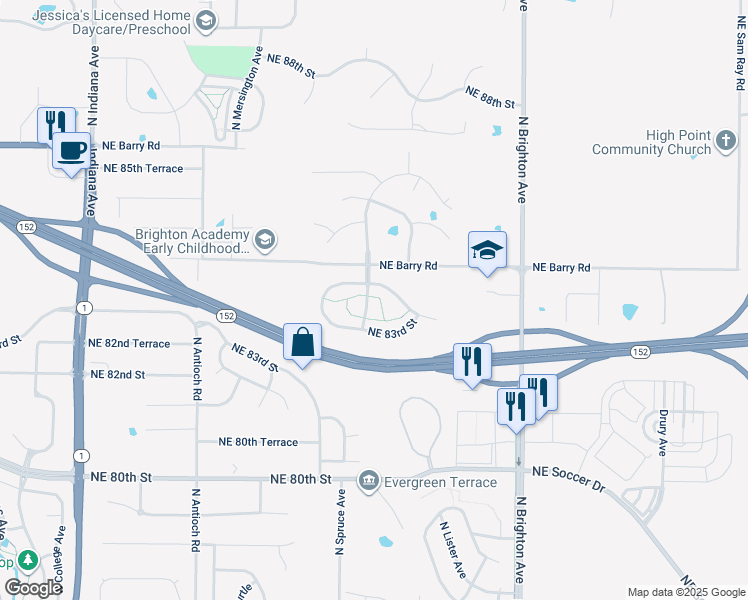 map of restaurants, bars, coffee shops, grocery stores, and more near 8347 North Kensington Avenue in Kansas City