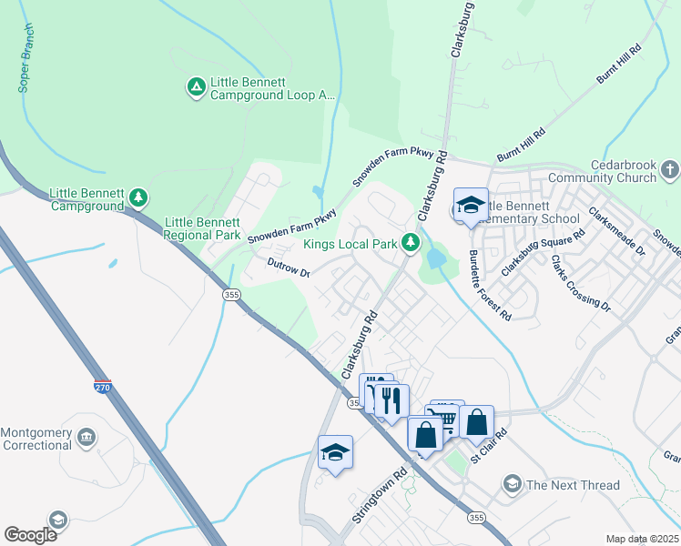 map of restaurants, bars, coffee shops, grocery stores, and more near 23440 Tailor Shop Place in Clarksburg