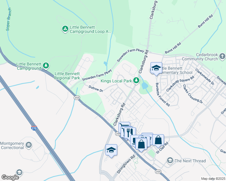 map of restaurants, bars, coffee shops, grocery stores, and more near 23440 Tailor Shop Place in Clarksburg