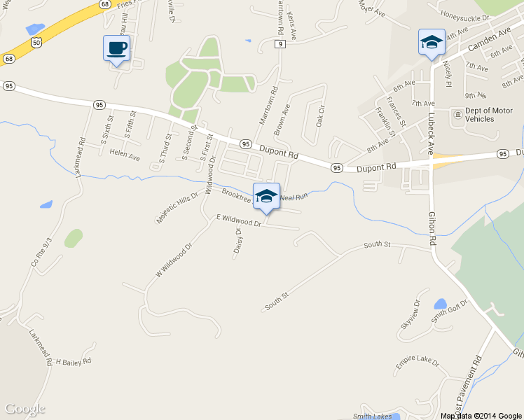 map of restaurants, bars, coffee shops, grocery stores, and more near 168 Brooktree Street in Parkersburg