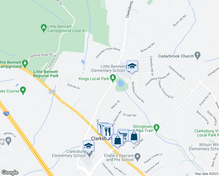 map of restaurants, bars, coffee shops, grocery stores, and more near 23715 Clarksburg Road in Clarksburg