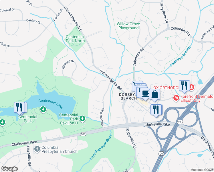 map of restaurants, bars, coffee shops, grocery stores, and more near 4620 Woodland Road in Ellicott City