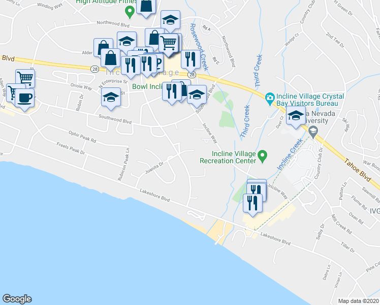 map of restaurants, bars, coffee shops, grocery stores, and more near 144 Village Boulevard in Incline Village