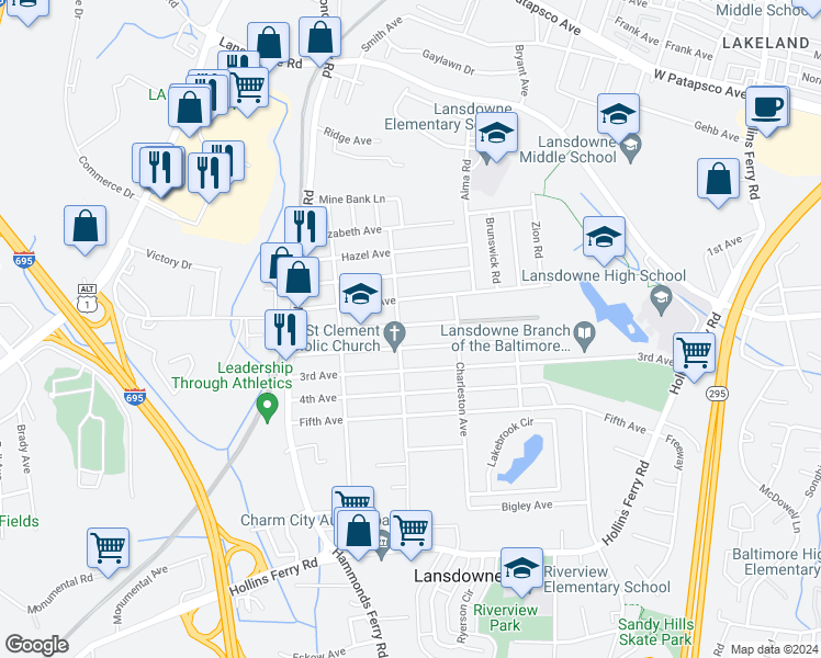 map of restaurants, bars, coffee shops, grocery stores, and more near 205 1st Avenue in Halethorpe