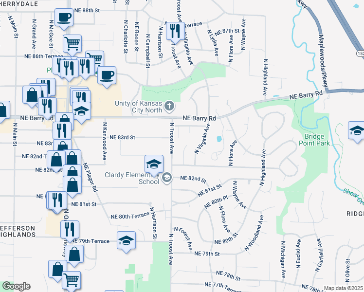 map of restaurants, bars, coffee shops, grocery stores, and more near 8246 North Forest Avenue in Kansas City