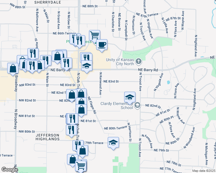 map of restaurants, bars, coffee shops, grocery stores, and more near 8233 North Kenwood Avenue in Kansas City