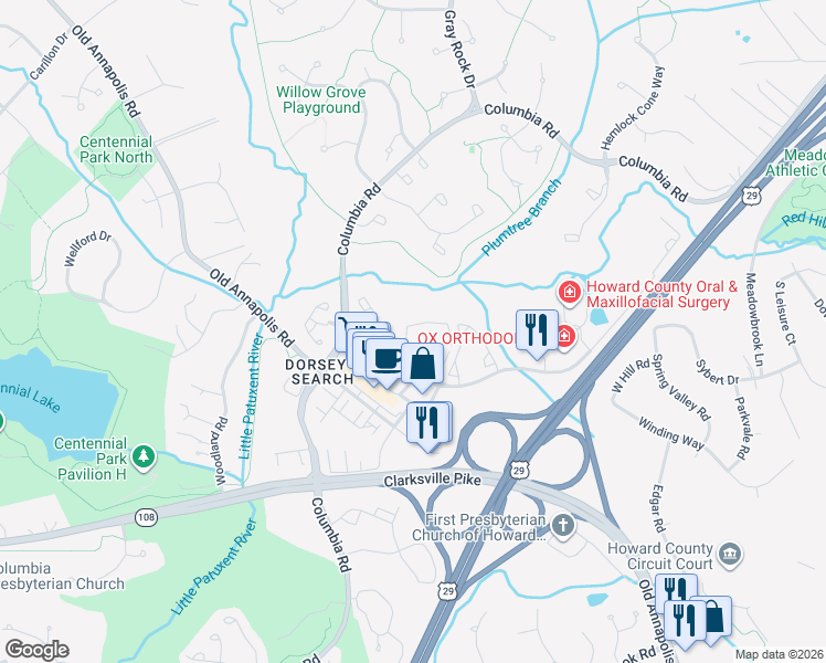 map of restaurants, bars, coffee shops, grocery stores, and more near 4770 Dorsey Hall Drive in Ellicott City