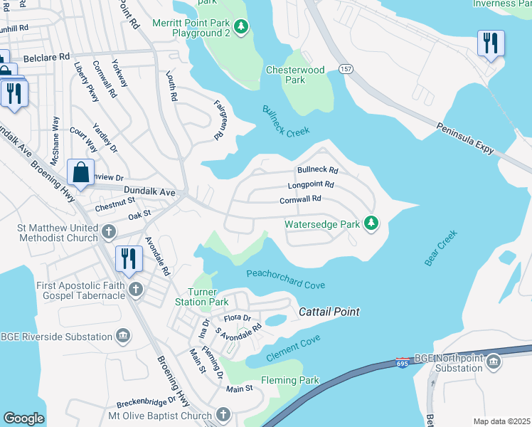 map of restaurants, bars, coffee shops, grocery stores, and more near 8121 Cornwall Road in Dundalk