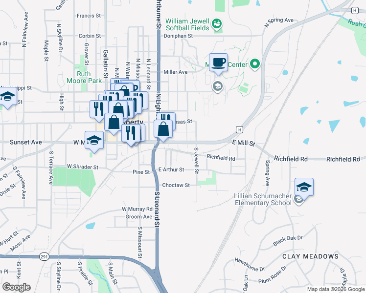 map of restaurants, bars, coffee shops, grocery stores, and more near 455 E Mill St in Liberty