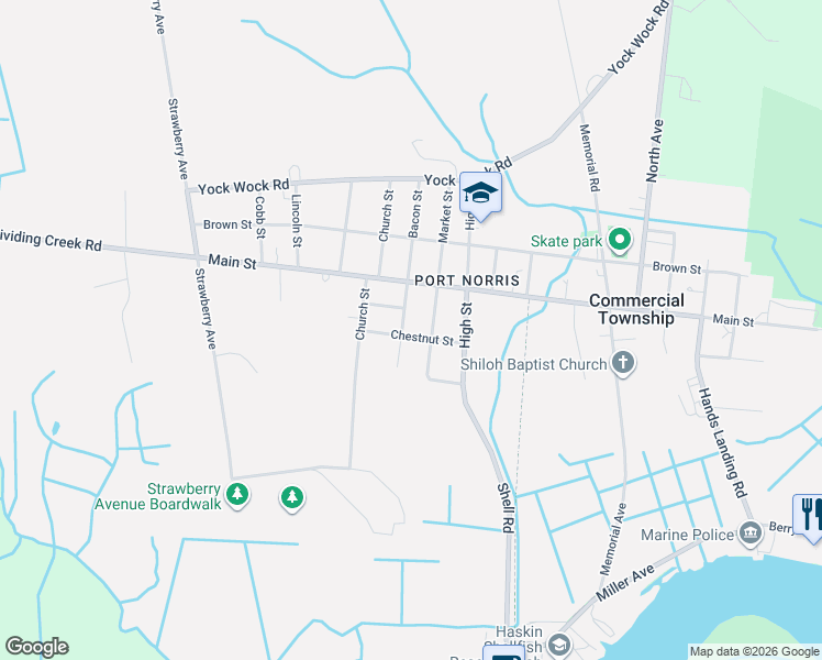 map of restaurants, bars, coffee shops, grocery stores, and more near 6600 Chestnut St in Commercial Township