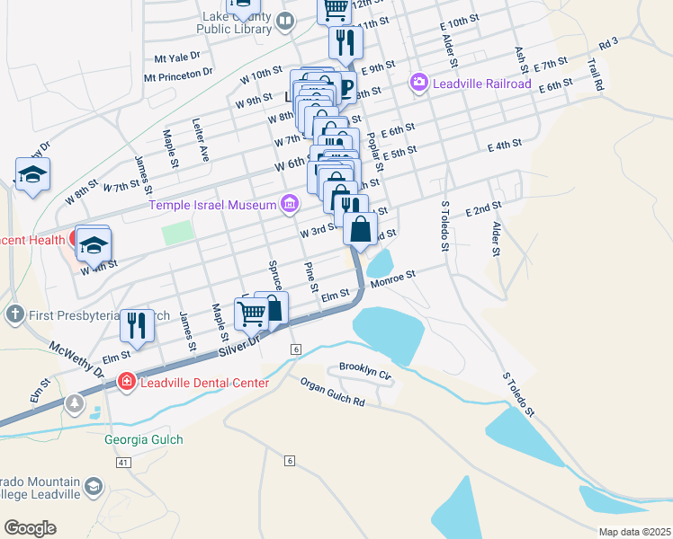 map of restaurants, bars, coffee shops, grocery stores, and more near 122 West Chestnut Street in Leadville