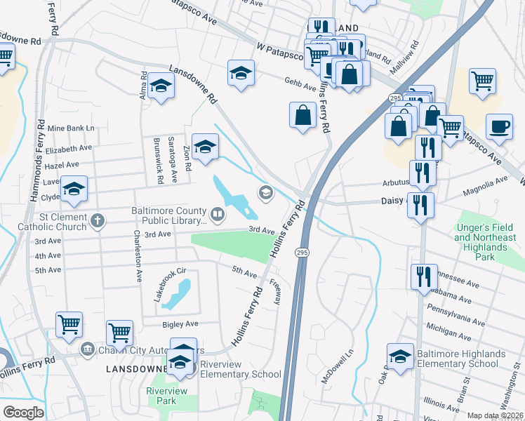 map of restaurants, bars, coffee shops, grocery stores, and more near 3800 Hollins Ferry Road in Halethorpe