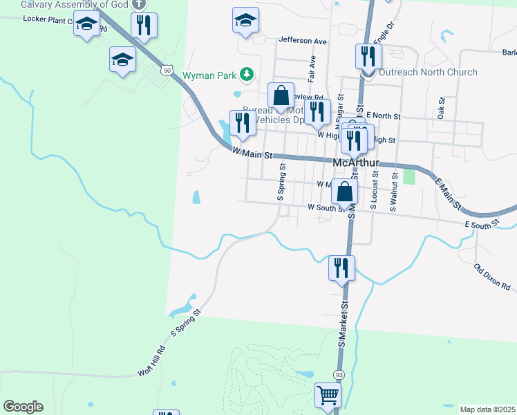 map of restaurants, bars, coffee shops, grocery stores, and more near 404 West South Street in McArthur