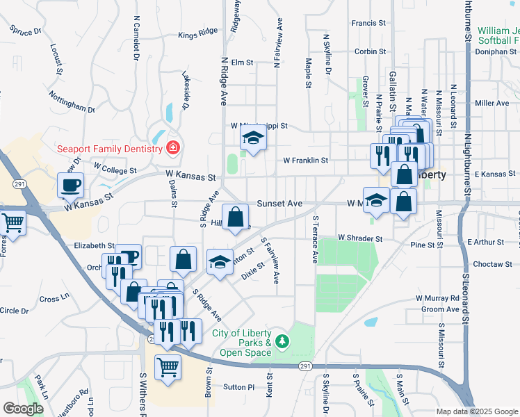 map of restaurants, bars, coffee shops, grocery stores, and more near 621 Sunset Ave in Liberty