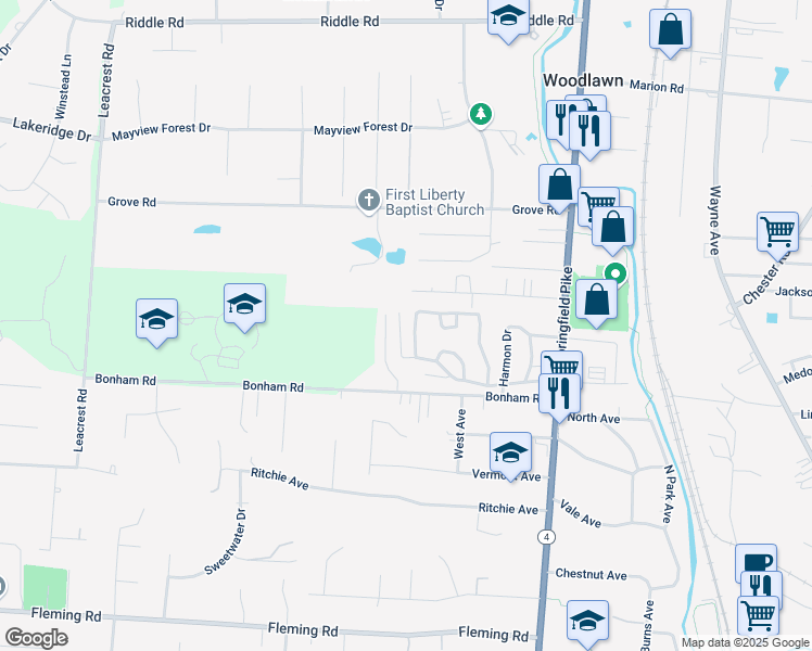 map of restaurants, bars, coffee shops, grocery stores, and more near 36 Rolling Hills Drive in Cincinnati