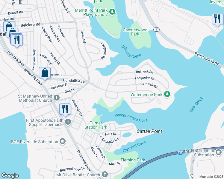map of restaurants, bars, coffee shops, grocery stores, and more near 8106 Dundalk Avenue in Dundalk