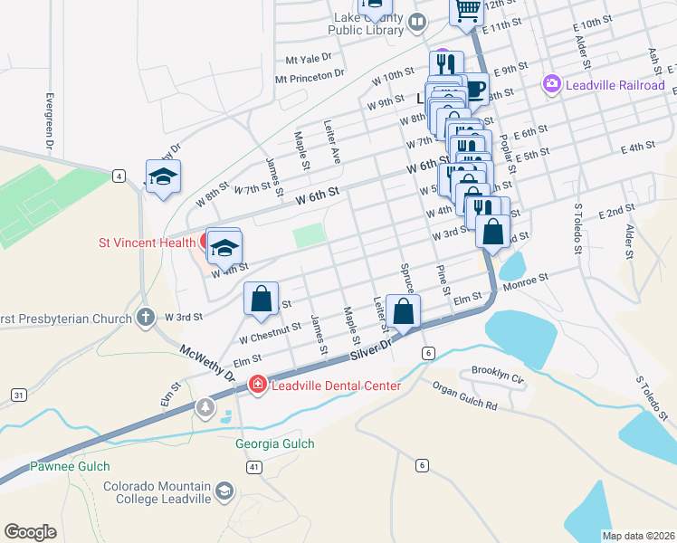 map of restaurants, bars, coffee shops, grocery stores, and more near 429 West 3rd Street in Leadville