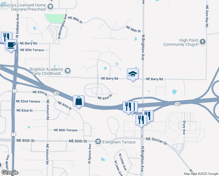 map of restaurants, bars, coffee shops, grocery stores, and more near 4528 Northeast 83rd Terrace in Kansas City