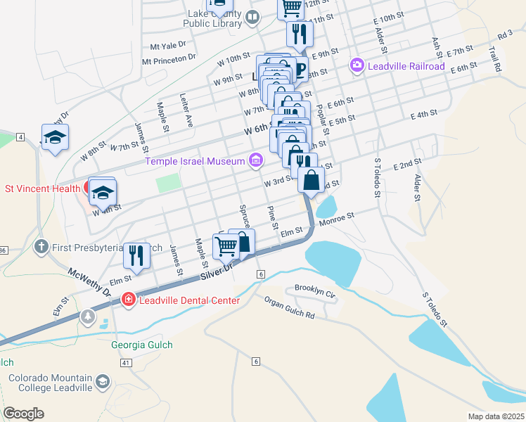 map of restaurants, bars, coffee shops, grocery stores, and more near 201 West 2nd Street in Leadville