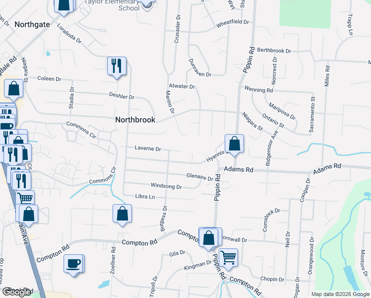 map of restaurants, bars, coffee shops, grocery stores, and more near 9533 Anaheim Court in Cincinnati