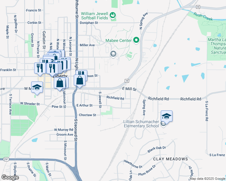 map of restaurants, bars, coffee shops, grocery stores, and more near 541 East Mill Street in Liberty