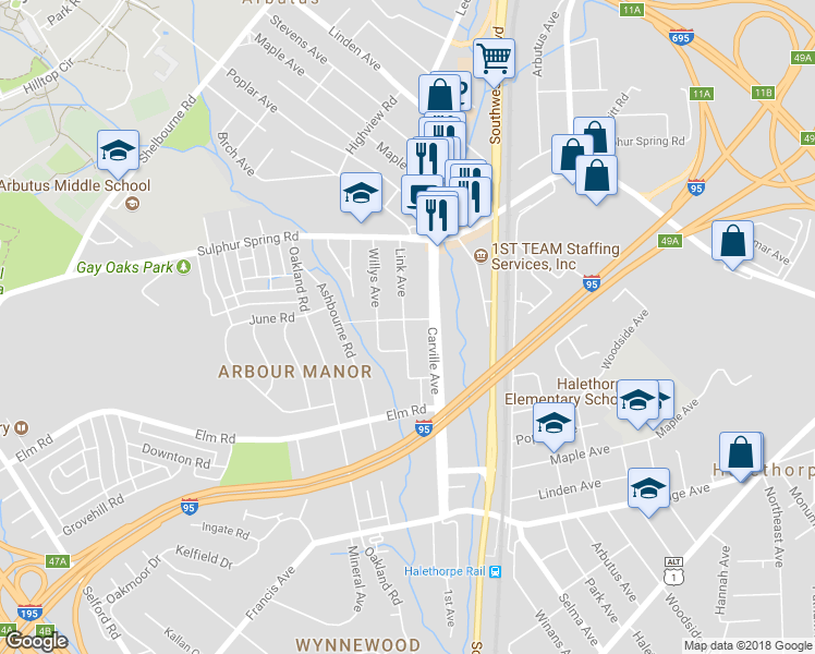 map of restaurants, bars, coffee shops, grocery stores, and more near 5537 Link Avenue in Halethorpe