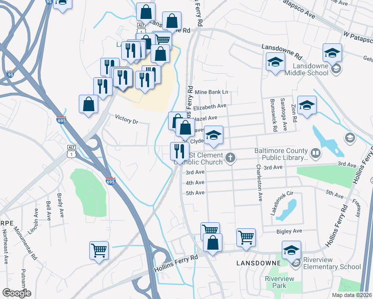 map of restaurants, bars, coffee shops, grocery stores, and more near 2623 Hammonds Ferry Road in Lansdowne