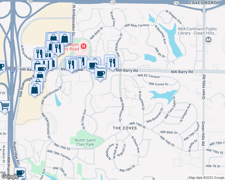 map of restaurants, bars, coffee shops, grocery stores, and more near 8223 Northwest 83 Terrace in Kansas City