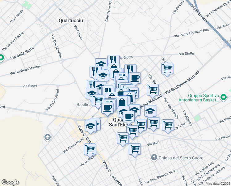 map of restaurants, bars, coffee shops, grocery stores, and more near 101A Via Cagliari in Quartu Sant'Elena