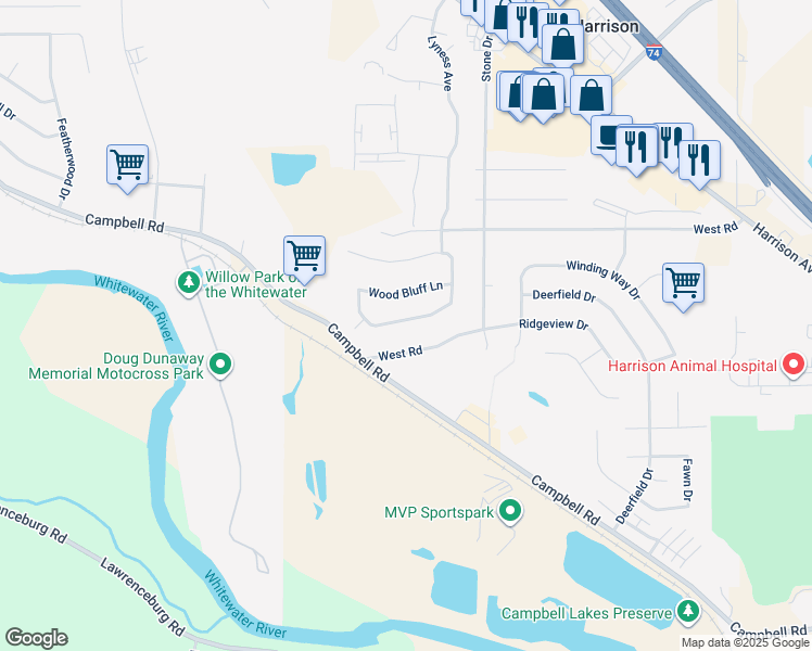 map of restaurants, bars, coffee shops, grocery stores, and more near 10747 Stone Ridge Way in Harrison