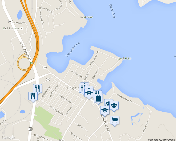 map of restaurants, bars, coffee shops, grocery stores, and more near 3216 Lynch Road in Sparrows Point