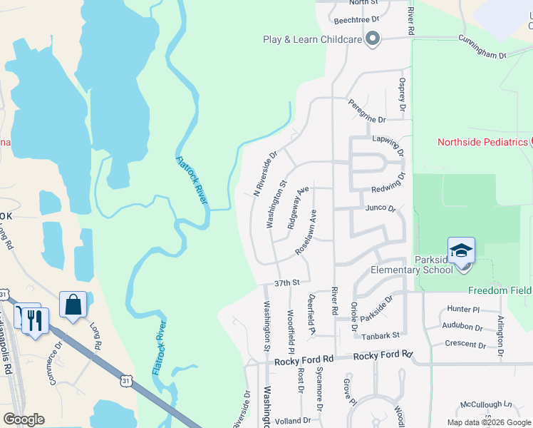 map of restaurants, bars, coffee shops, grocery stores, and more near 4206 Washington Street in Columbus