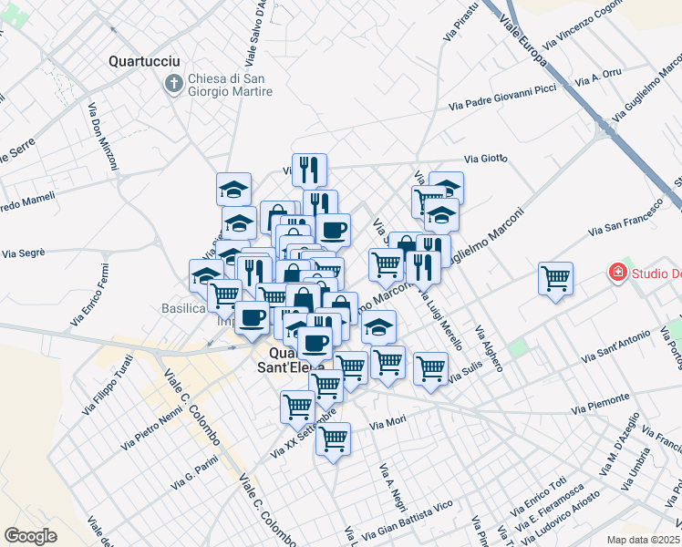 map of restaurants, bars, coffee shops, grocery stores, and more near 41 Via Napoli in Quartu Sant'Elena
