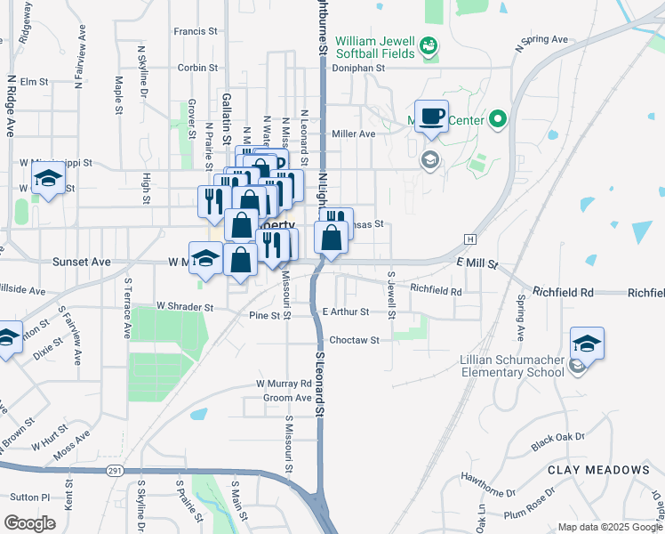 map of restaurants, bars, coffee shops, grocery stores, and more near 405 East Mill Street in Liberty