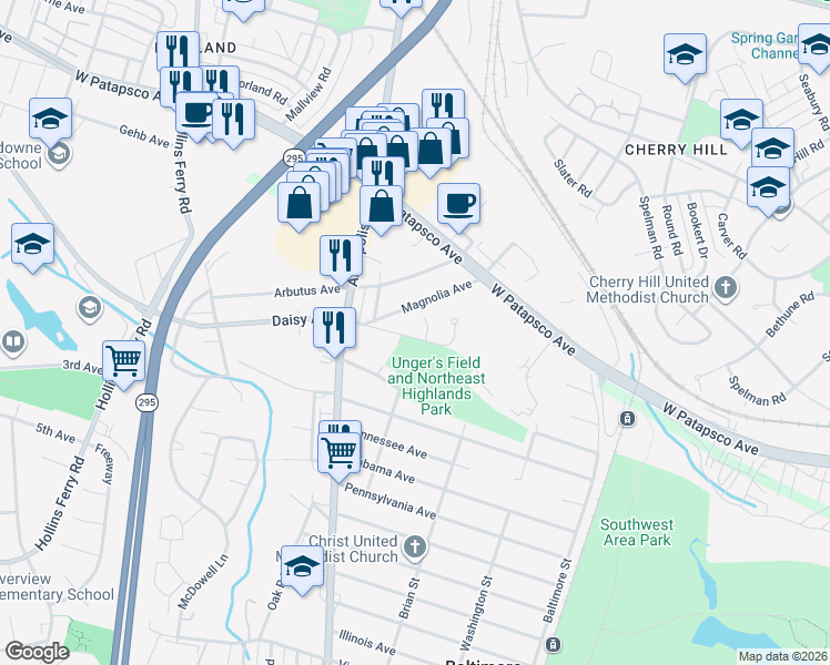 map of restaurants, bars, coffee shops, grocery stores, and more near 2818 Rose Avenue in Baltimore Highlands