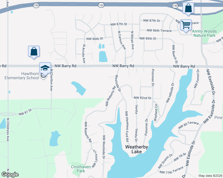 map of restaurants, bars, coffee shops, grocery stores, and more near 8211 Northwest Roberts Road in Weatherby Lake