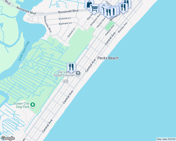 map of restaurants, bars, coffee shops, grocery stores, and more near 3847 Central Avenue in Ocean City