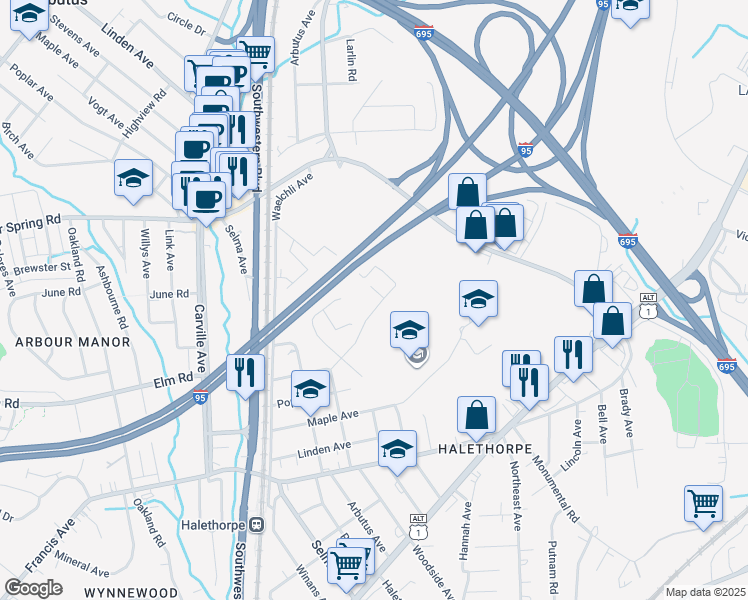 map of restaurants, bars, coffee shops, grocery stores, and more near 1410 Woodside Avenue in Baltimore