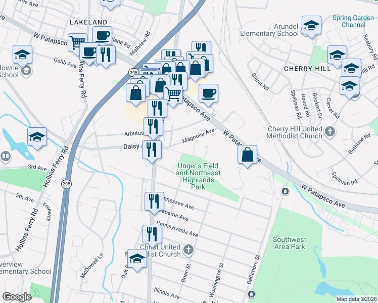 map of restaurants, bars, coffee shops, grocery stores, and more near 2818 Rose Avenue in Baltimore Highlands
