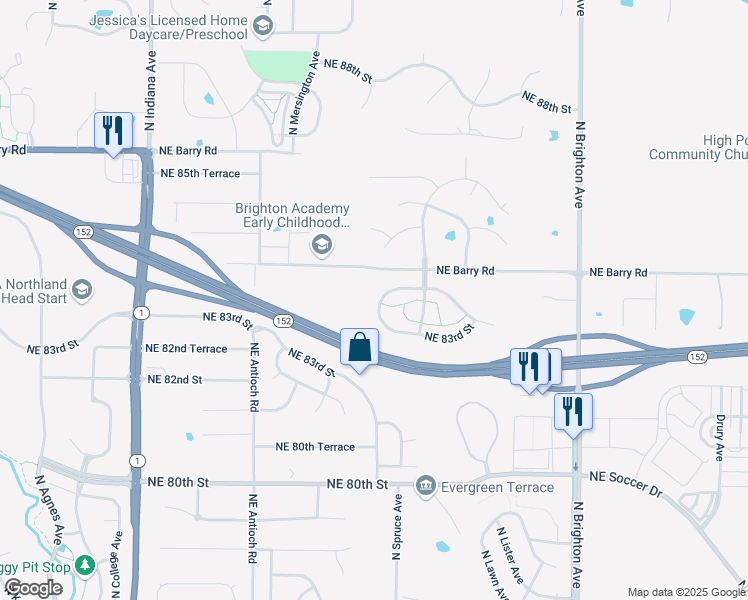 map of restaurants, bars, coffee shops, grocery stores, and more near 8332 North Spruce Avenue in Kansas City