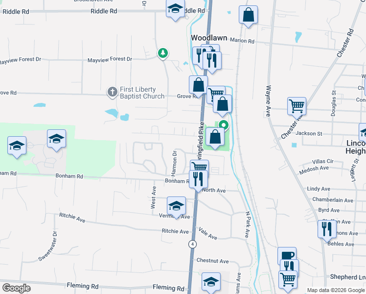 map of restaurants, bars, coffee shops, grocery stores, and more near 1741 Harmon Drive in Cincinnati