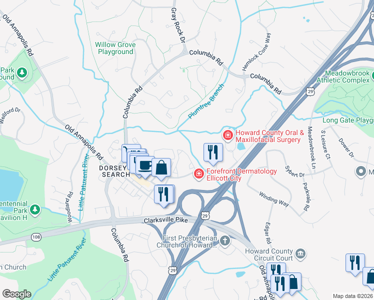 map of restaurants, bars, coffee shops, grocery stores, and more near 4986 Dorsey Hall Drive in Ellicott City