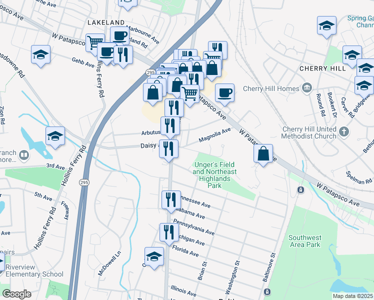 map of restaurants, bars, coffee shops, grocery stores, and more near 2815 Rose Avenue in Halethorpe