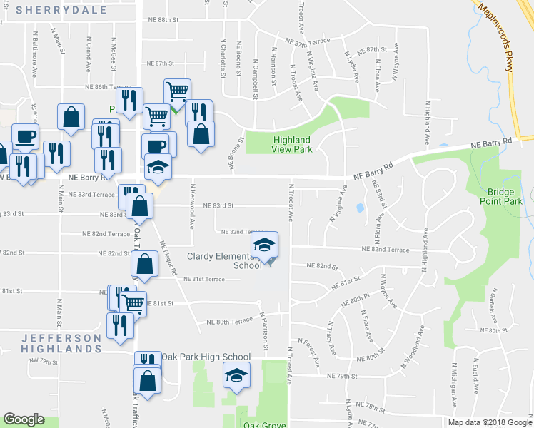 map of restaurants, bars, coffee shops, grocery stores, and more near 921 Northeast 83rd Street in Kansas City