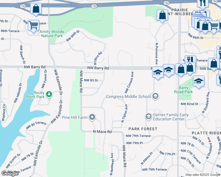 map of restaurants, bars, coffee shops, grocery stores, and more near 8208 North Nodaway Avenue in Kansas City