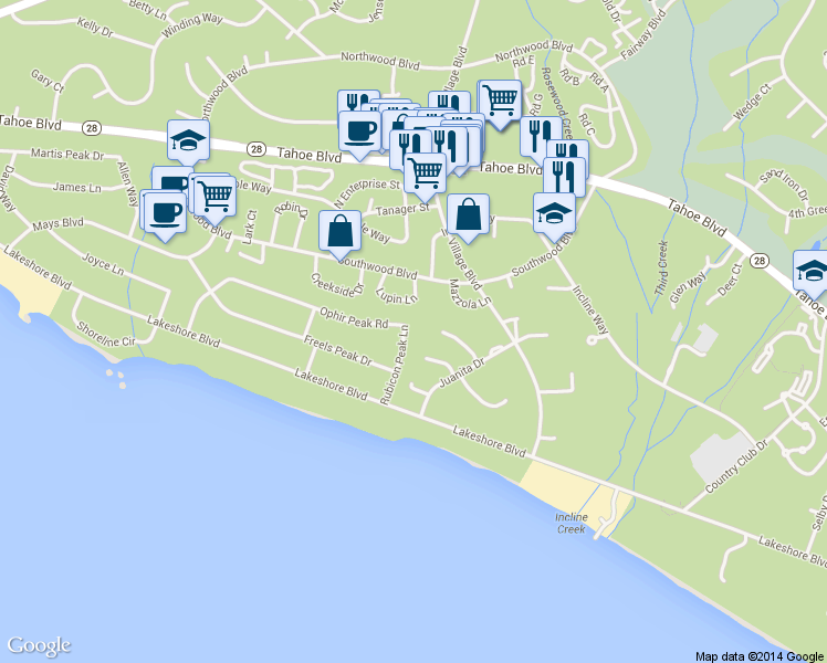 map of restaurants, bars, coffee shops, grocery stores, and more near 136 Rubicon Peak Ln in Incline Village